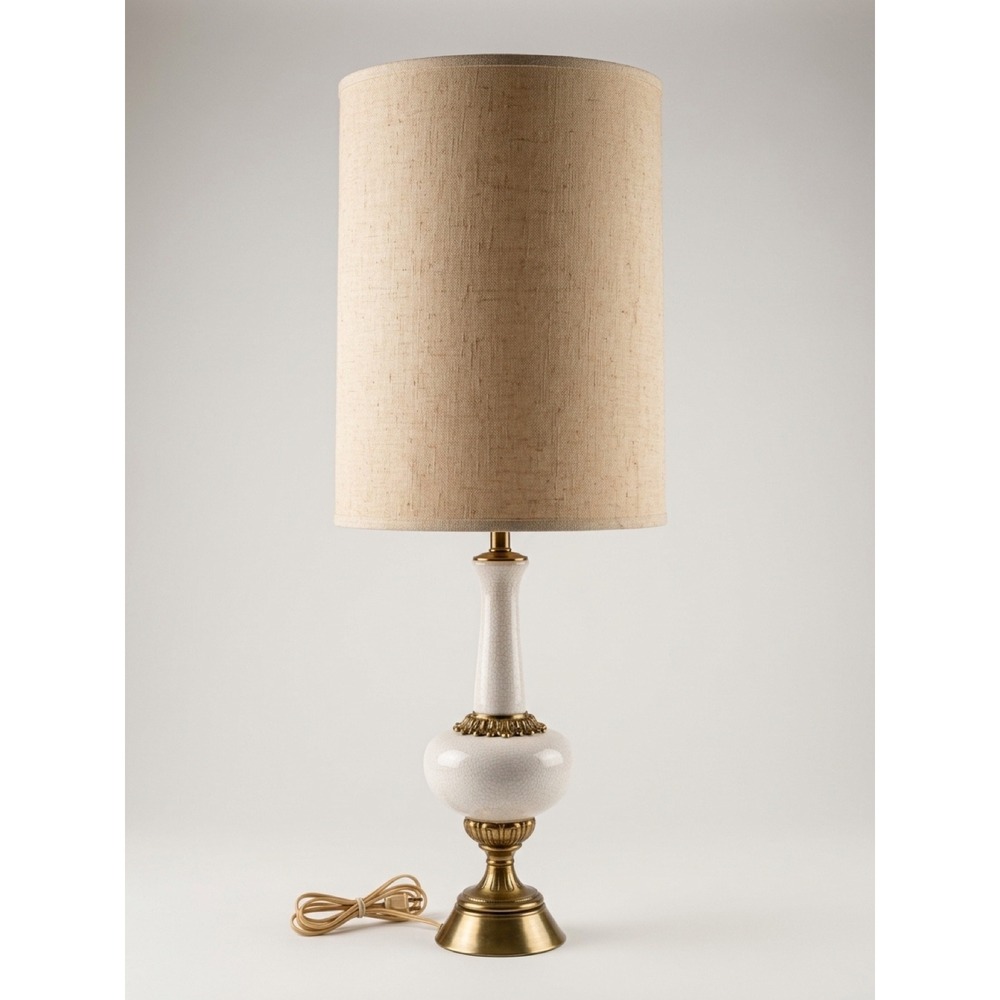Vintage MCM White Crackle Ceramic Brass Table Lamp Retro Y2K Rare Luxury